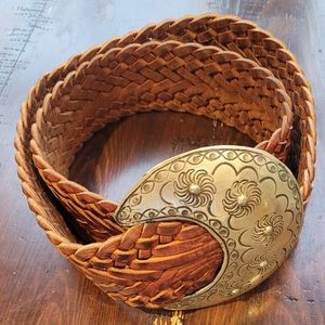 VIntage leather made in Morocco braided belt with moon shaped buckle Brown Women